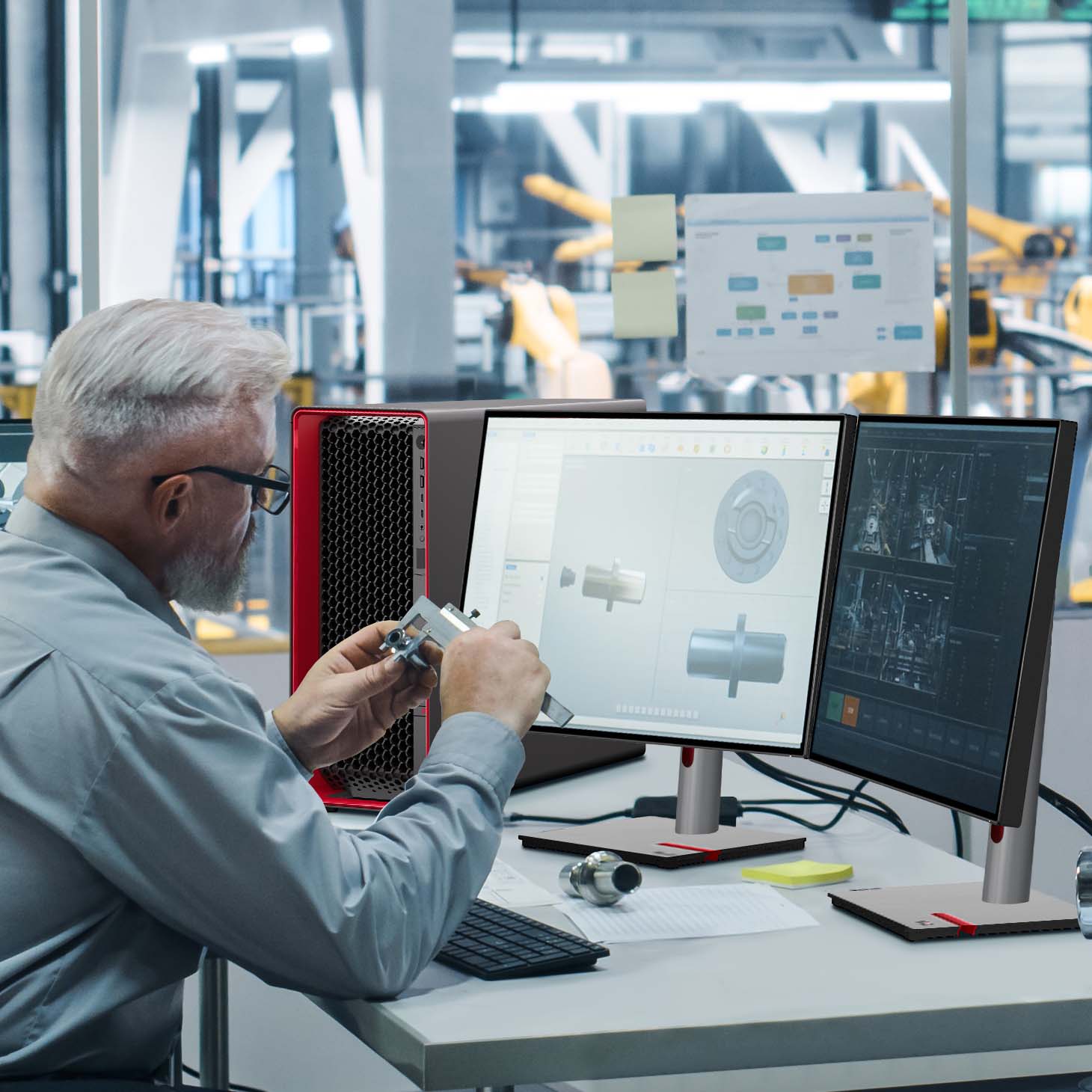 Lifestyle Foto Lenovo ThinkStation P8 Auto Ein Ingenieur analysiert ein Bauteil am Computer in einer modernen Produktionsumgebung. Auf zwei Bildschirmen sind 3D-Konstruktionsmodelle und technische Zeichnungen zu sehen.