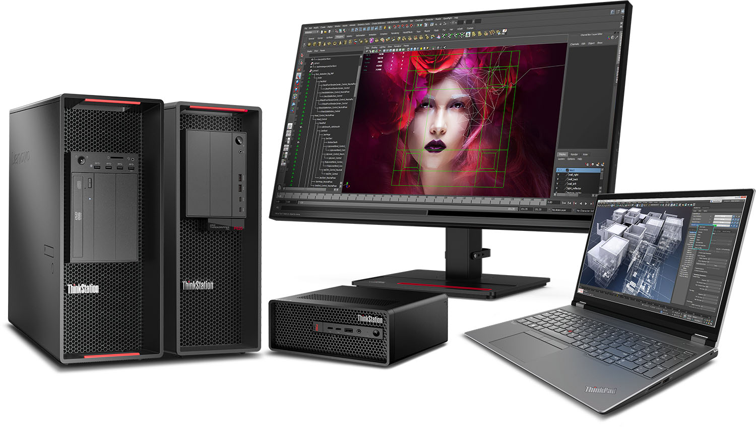 Lenovo Workstation Produkte Bild auf welchem alle Workstationprodukte von Lenovo abgebildet wurden inklusive eines Monitor und eines ThinkPads.